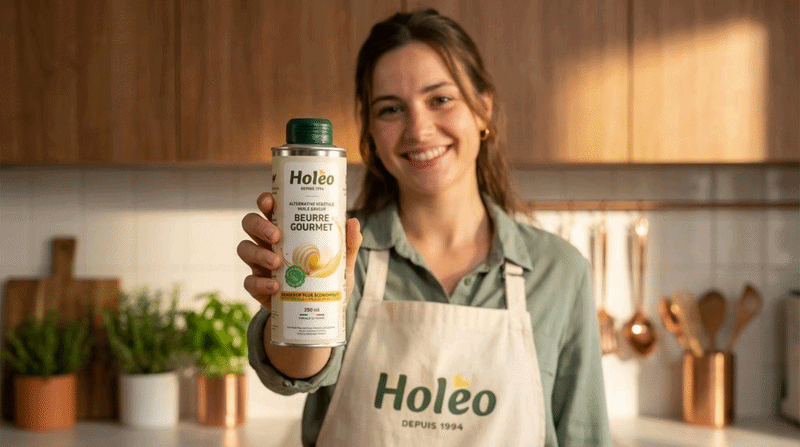 Femme tenant une bouteille Holéo en cuisine